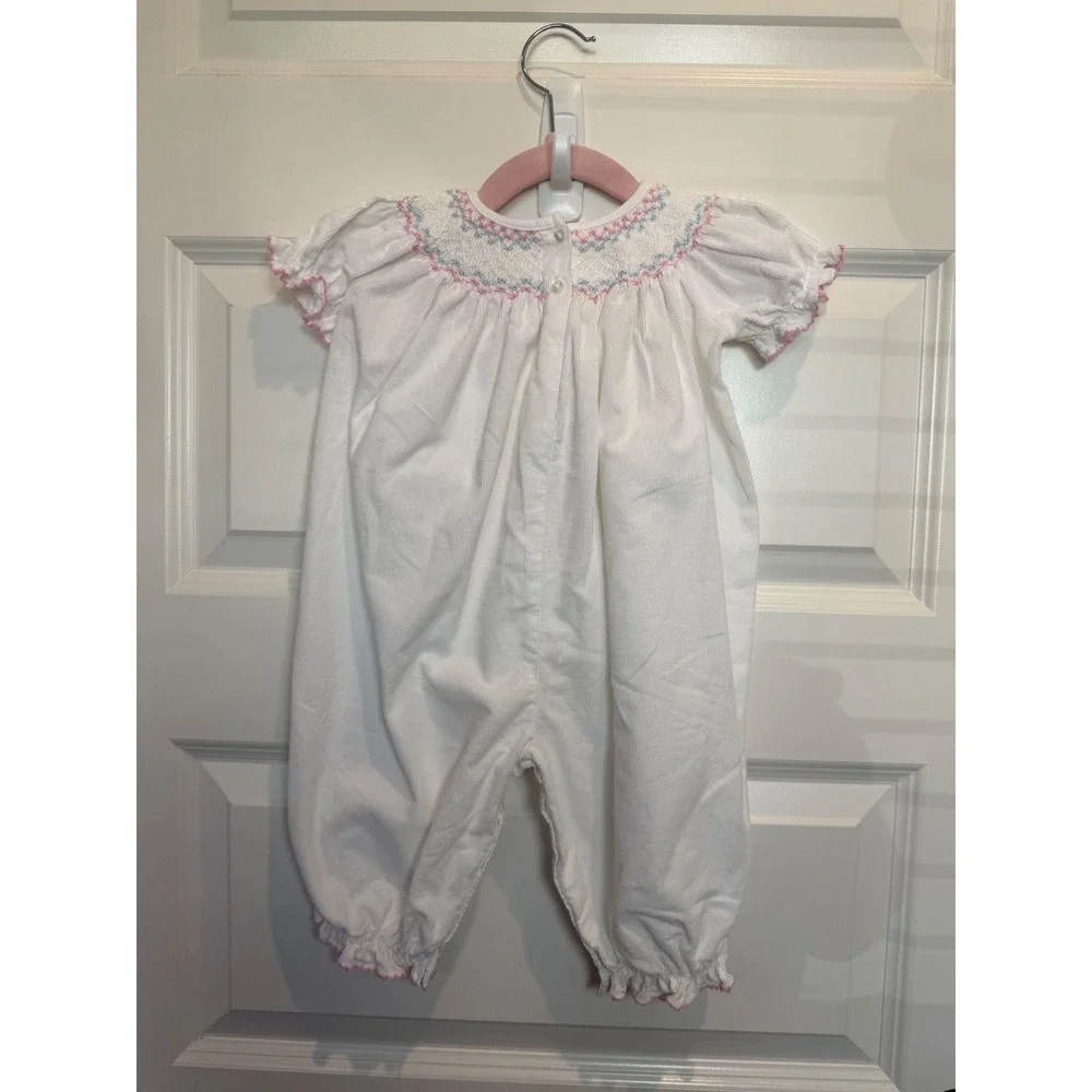 8.Petit Bebe White Corduroy Smocked Rosebud Bubble Romper 6M Pink Blue Trim